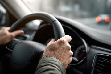 Driver&acirc;&euro;&trade;s hands at 10 and 2 on a steering wheel during daytime drive