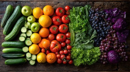 Rainbow-colored fresh fruits and vegetables are beautifully arranged on a rustic wooden table