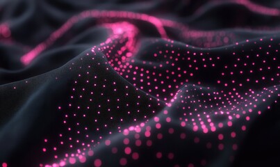 Undulating dark surface with glowing pink dots and wavy patterns.