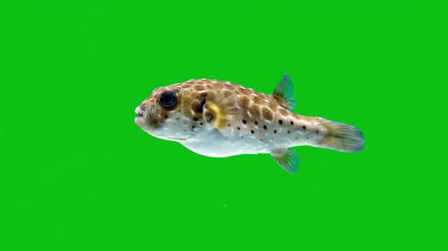 Detailed view of a pufferfish floating against a bright green chroma background, suitable for aquatic visual effects and compositing.