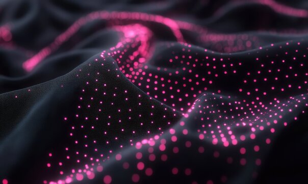 Undulating dark surface with glowing pink dots and wavy patterns. - Powered by Adobe