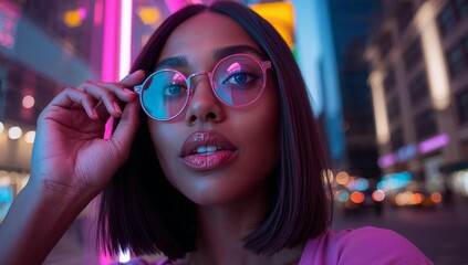 Woman holding pink glasses in pink top, showing glossy lips, looking above lens in neon lights