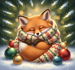 Adorable Christmas Fox with Pine Branches and Soft Winter Lights