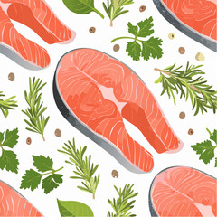 Seafood seamless pattern with pink salmon, vector illustration