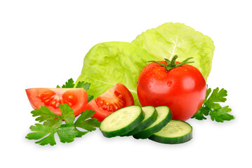 Group of fresh organic vegetables isolated on a transparent background in close-up.