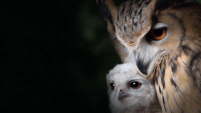 Immerse yourself in the enchanting world of owls. This video showcases their bond and beauty. Ideal for nature enthusiasts and bird watchers. AI