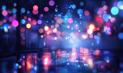 Abstract colorful bokeh lights glowing on a dark rainy street, soft reflections on the wet pavement enhancing a dreamy urban atmosphere