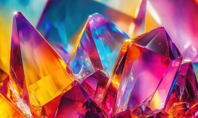 Abstract colorful crystal shards reflecting light, vibrant hues blending into a dynamic geometric design, sharp textures and glowing highlights, modern art concept,
