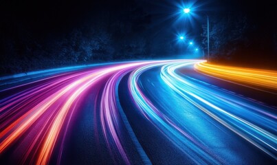 Abstract colorful light trails curving in dynamic patterns, vibrant neon tones and sharp focus creating a futuristic aesthetic
