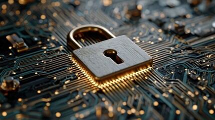Cybersecurity digital lock glowing on a high-tech circuit board, symbolizing data protection, network security, and advanced technology concepts in modern computing