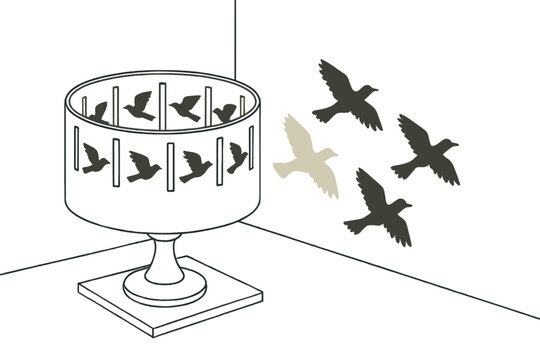 Zoetrope Bird Shadows. Zoetrope cylinder casting shadow of flying bird sequence on nearby wall, first in line style with thin