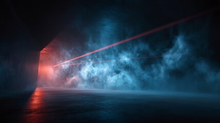 Dark tunnel corridor with atmospheric smoke, dust, and smog illuminated by red laser beam and rays of light against abstract dark blue background