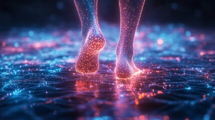 Bare feet walking on glowing futuristic digital surface with neon lights and particles, symbolizing technology, virtual reality, innovation, movement, human connection, and digital transformation.