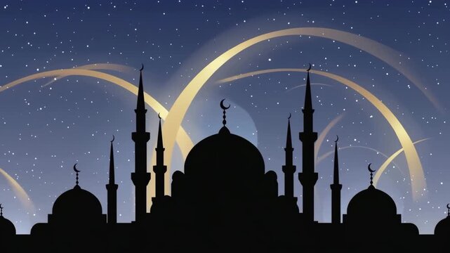 Festive mosque silhouette under a starry sky with glowing light trails for ramadan celebration