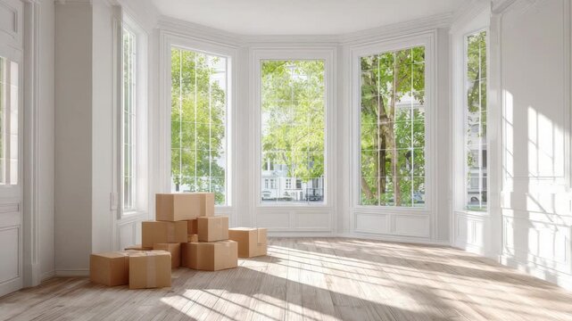 Sunlit Empty Room with White Walls and Wooden Floor Featuring Stack of Brown Cardboard Boxes near Windows with Trees Outside, Offering Airy Spaciousness and Natural Light