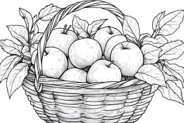 Apples in a woven basket, leaves around. Isolated coloring book art for kid?s creative projects
