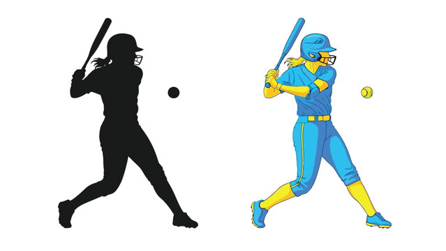 Baseball player silhouette and colored illustration showcasing a batting stance