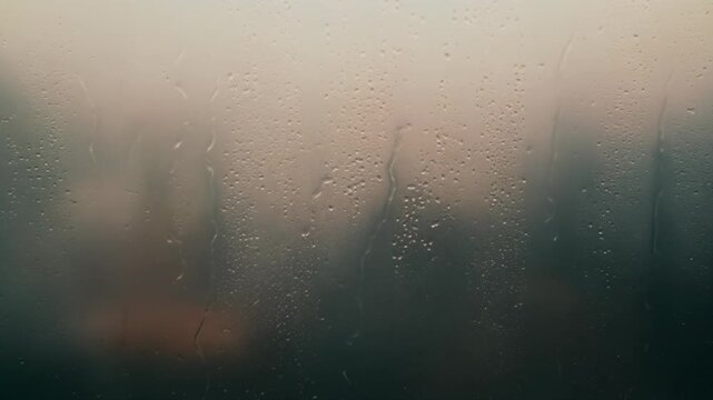 Close-up perspective of rain falling on a window pane, creating a natural abstract pattern; immersive footage capturing the essence of a tranquil, damp weather day with soft light