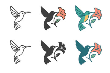 Hummingbird Feeding Illustrations. Hummingbird Flower Nectar, elegant botanical icon reflecting motion, symmetry, and soft