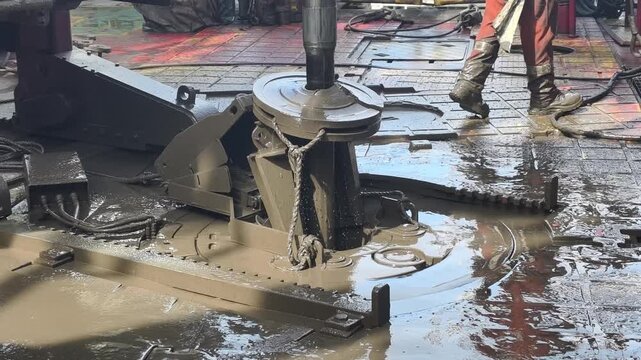 Drilling rig activity - Pull of of hole drill string with oil based mud on the rig floor.
