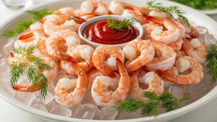 Delicious shrimp cocktail with ice and dill garnish