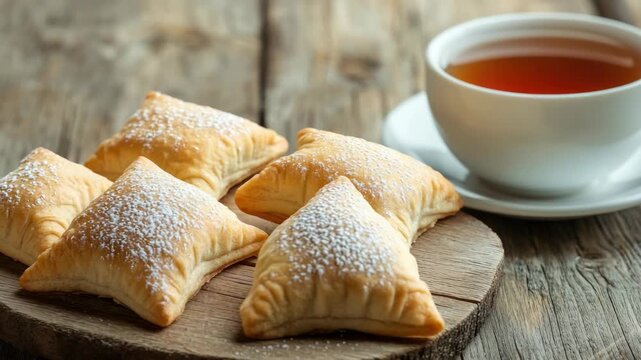 Assorted pastries with sugar dusting on a wooden board next to a cup of tea.