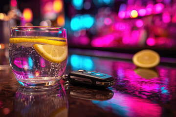 Designated driver concept with glass of water and lemon slice on bar counter, vibrant nightlife background, emphasizing responsibility and safety in social settings