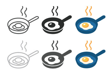 Egg Frying Styles. Stylized frying pan with egg and visualized sizzling motion, first in line style with thin outline, second in