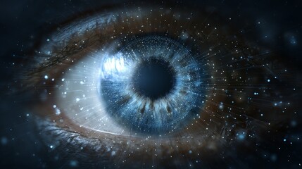 Digital eye with cyber security data network, futuristic virtual technology background, internet safety scanner, binary code surveillance, and secure data visualization concept