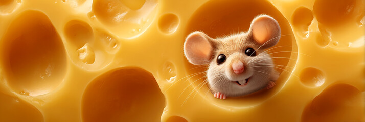
Extreme Close-up. A hyper-Realistic and Humorous Scene of a Cute Smiling Mouse Peeking From a Swiss Emmental Cheese Hole in a Full-Frame. Generative Ai.
