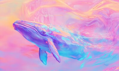 Abstract digital painting of a colorful whale swimming through a pastel-hued ocean, soft gradients creating a dreamlike scene