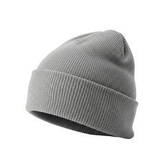 Grey knitted beanie hat with a folded cuff, isolated on transparent background