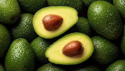 Fresh Green Avocados and Sliced Avocado Halves Flat Lay