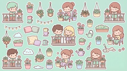Charming cartoon sticker collection featuring happy people engaged in balcony gardening, tending to potted plants and enjoying cozy outdoor moments with home decor