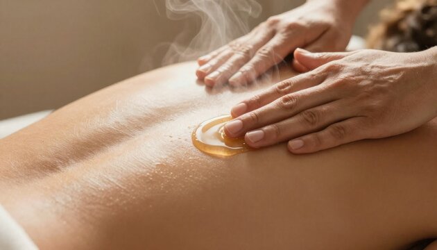 Close-up of a massage therapist's hands applying steaming hot golden oil to a bare back during a relaxing spa treatment under soft warm lighting