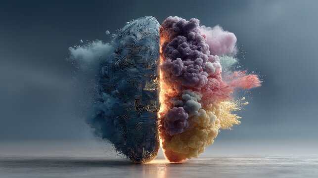 Conceptual human brain split in half: digital circuit board vs colorful powder paint explosion. 3D illustration of left and right hemisphere, logic vs creativity, AI technology and imagination