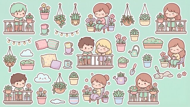 Charming cartoon sticker collection featuring happy people engaged in balcony gardening, tending to potted plants and enjoying cozy outdoor moments with home decor - Powered by Adobe