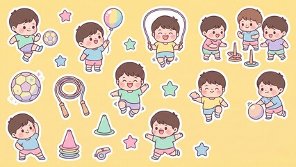 Fototapeta premium Cute Cartoon Children Playing with Toys and Sports Equipment
