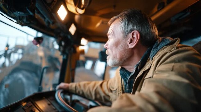 Focused Operator: An experienced operator intently navigates machinery from the inside, showcasing the precision and expertise required for heavy operations. 