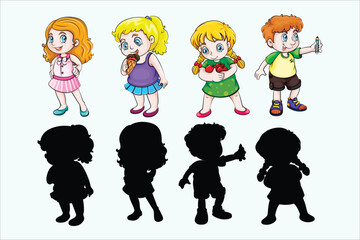 Cartoon kids vector. Children silhouettes collection. Matching game illustration. Happy playful youngsters.