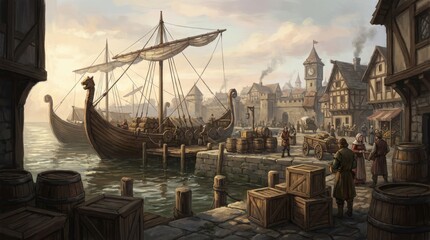 Medieval Harbor with Crates and Cargo Ships