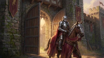 Castle Gate Open with Knight on Horse Entering