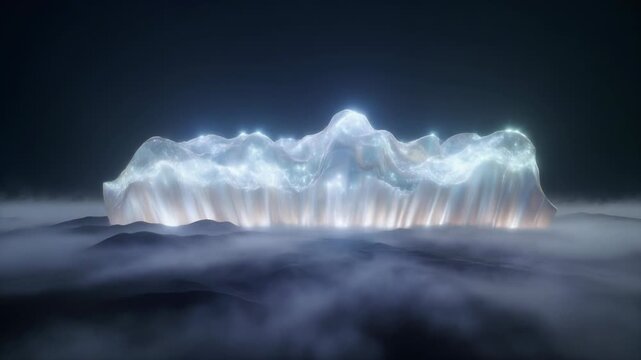 Dynamic digital landscape with illuminated peaks emerging from a misty, abstract data flow, creating a futuristic and ethereal visual concept