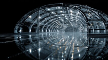 Futuristic glass architectural structure with sleek geometric design, 3d render on black background, showcasing modern innovation and high-tech aesthetics