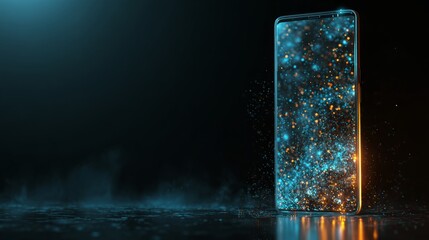 Futuristic smartphone surrounded by glowing digital particles, showcasing advanced mobile technology, innovation, connectivity, and immersive multimedia experience in a modern digital environment