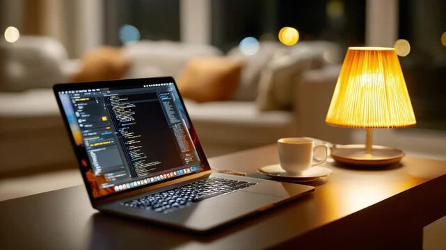 Coding Comfort: A laptop displaying lines of code sits on a modern table, accompanied by a warm lamp and coffee cup, suggesting a cozy work atmosphere. 