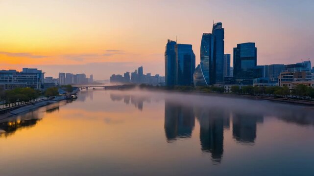 Misty riverfront skyline at sunrise with modern glass skyscrapers and reflections
