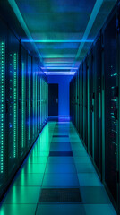 Fototapeta premium High-Tech Data Center with Illuminated Server Racks and Clean Layout