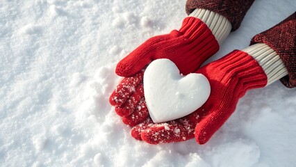 Fototapeta premium Hands in red mittens holding a heart shaped snowball in winter snow