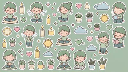 A delightful collection of charming sticker icons illustrating a serene journey of mindfulness, relaxation, and inner peace, perfect for promoting well-being and positive habits